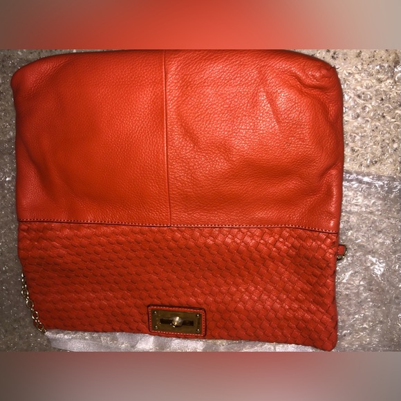 Banana Republic Orange braided leather bag w/chain strap & pockets Re $128 NEW - Picture 6 of 15